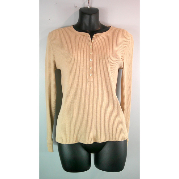 Lands' End Long Sleeve Women's Medium 10/12 Beige Tan 3/4 Button V neck - Picture 1 of 4